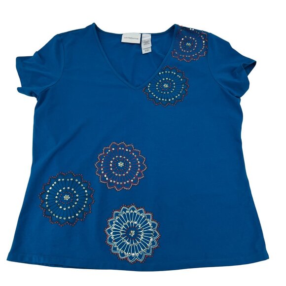 Liz Claiborne Blue V-Neck Short Sleeve Shirt With Embroidered Floral Design Cott - Picture 1 of 7